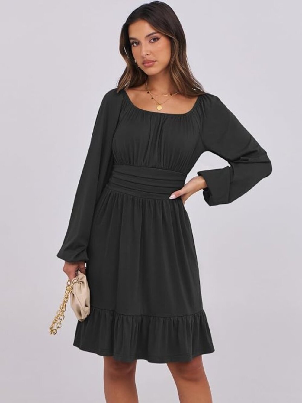 NWT Black Square Neck Lantern Sleeve Mini Dress Ruffle A-Line Flowy Sizes S-XL